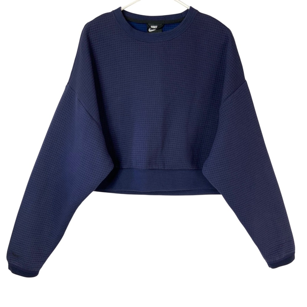 Nike Waffle Knit Cropped Pullover Sweatshirt Crew Neck Navy Blue XL